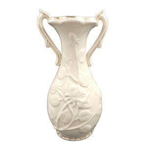 Vintage Rose Vase Gold Trim Handles Shabby Chic Cottage White Embossed Flower